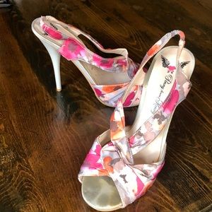 Strappy floral peep toe heels